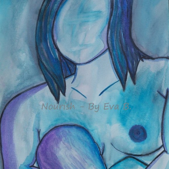 Painting of Mother Breastfeeding her Baby , Mother and Child Watercolor Art